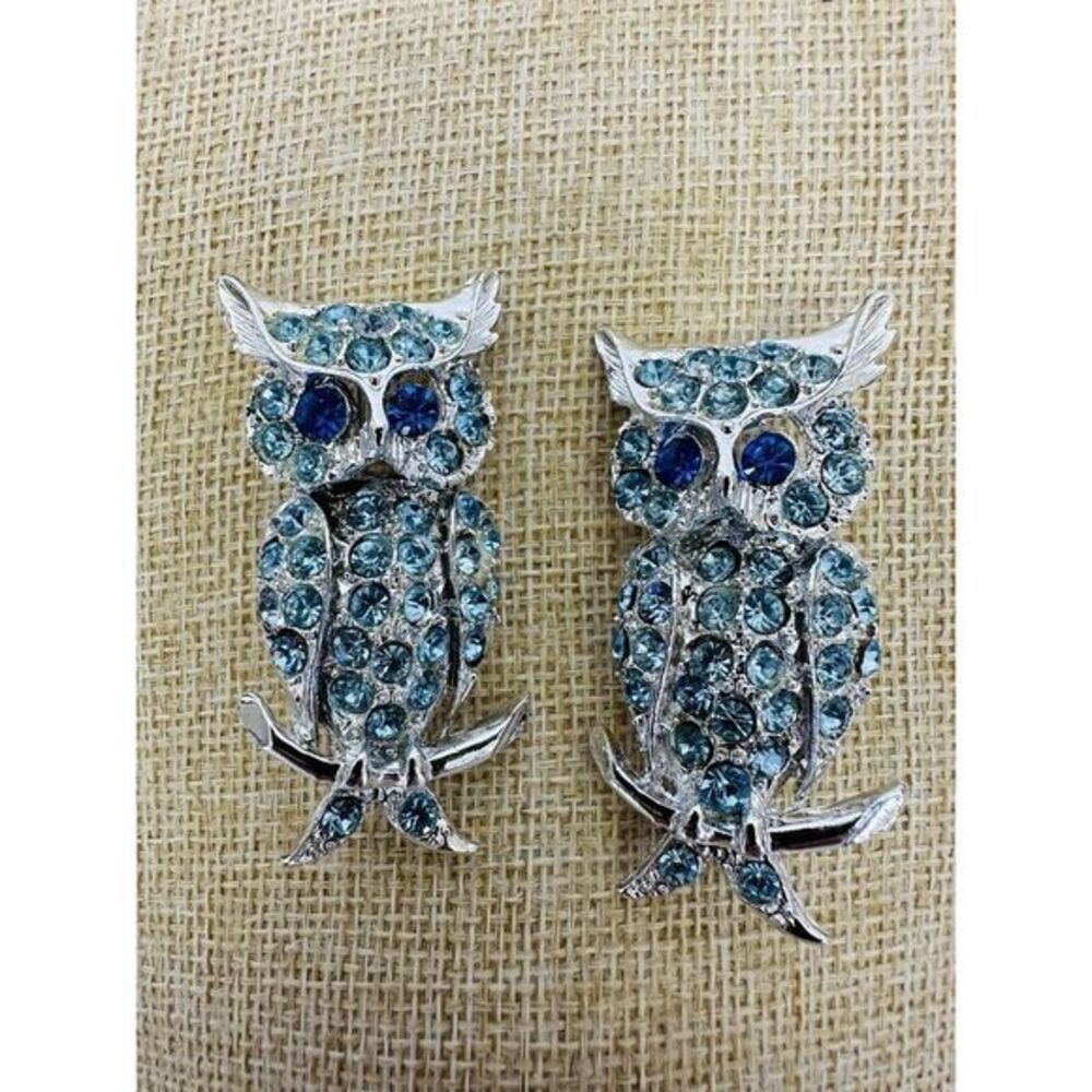 Vintage Silver-tone Baby Blue Rhinestone Owl Pin Brooch Blue Eyes‎ Set Of Two